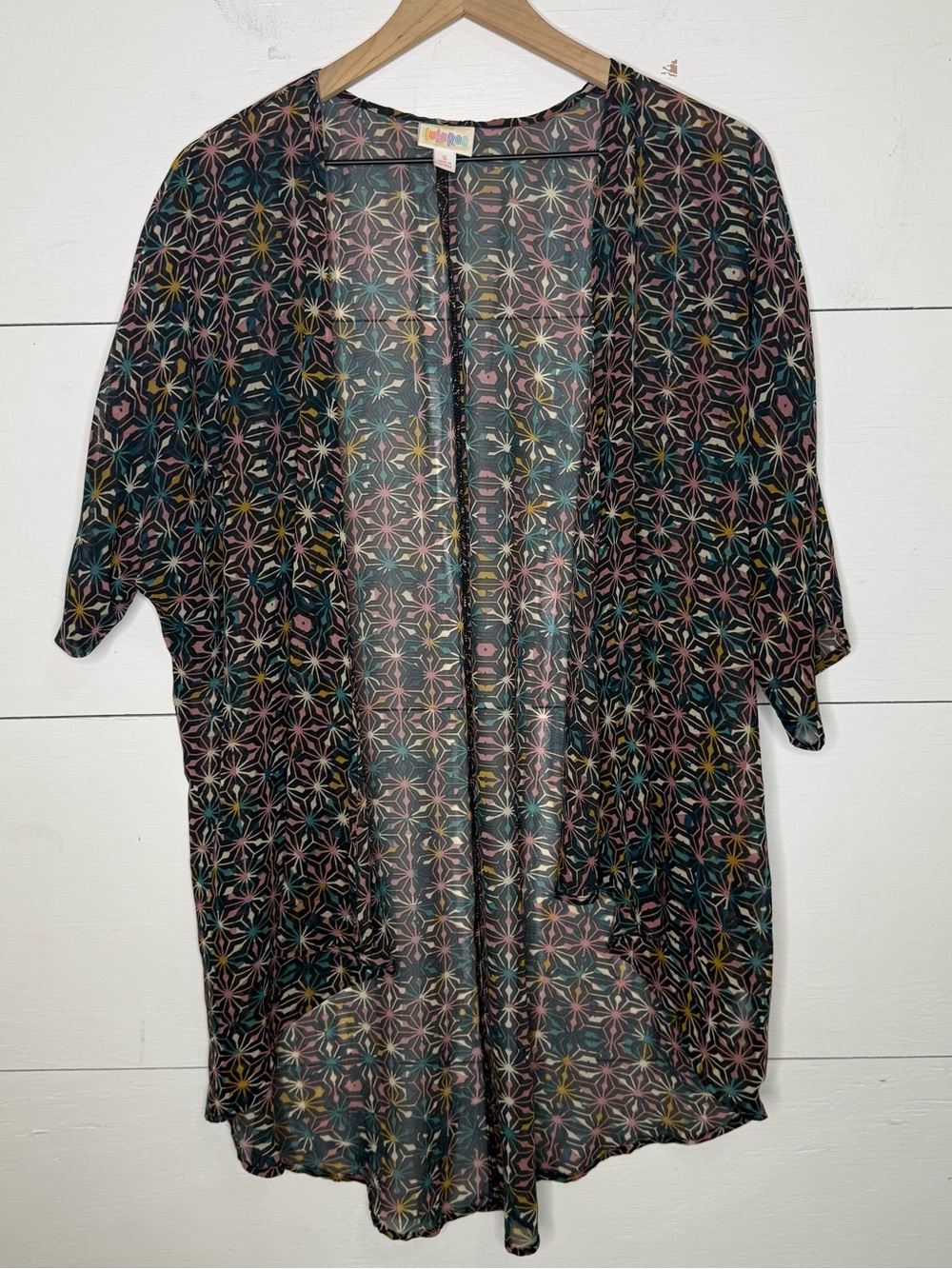 LuLaRoe • Sheer Printed Kimono in Black with Pink, Teal & Mustard Size Small